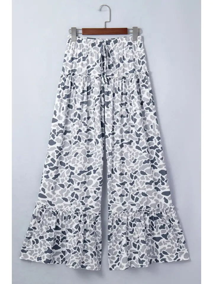 PRETTY BASH Camo Ruffle Wide Leg Drawstring Pants