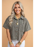 PRETTY BASH Leopard Denim Short Sleeve Button Cropped Shirt