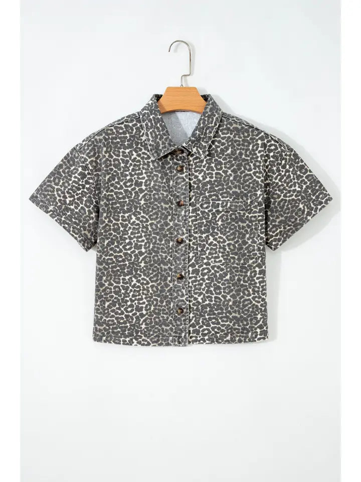PRETTY BASH Leopard Denim Short Sleeve Button Cropped Shirt