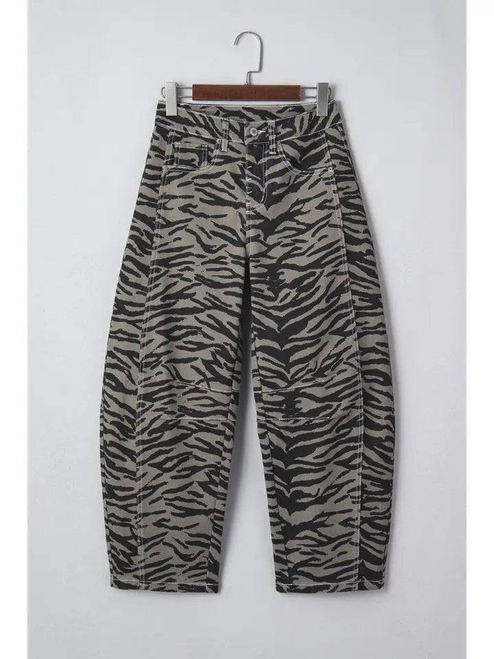PRETTY BASH Zebra Stripe Denim Wide Barrel Leg Jeans