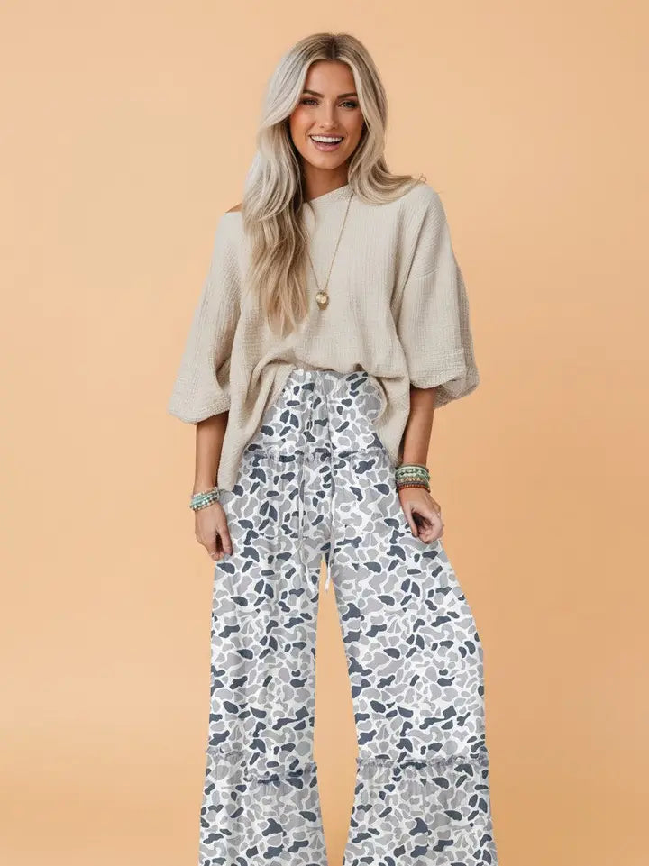 PRETTY BASH Camo Ruffle Wide Leg Drawstring Pants