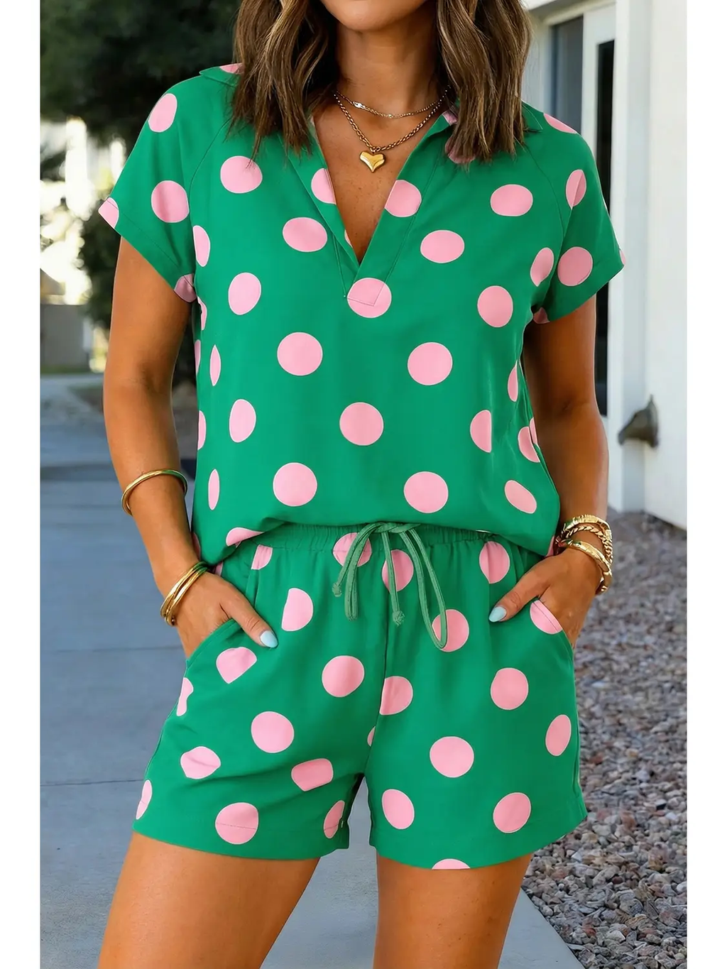 Polka Dot Print V Neck Tee Short Set