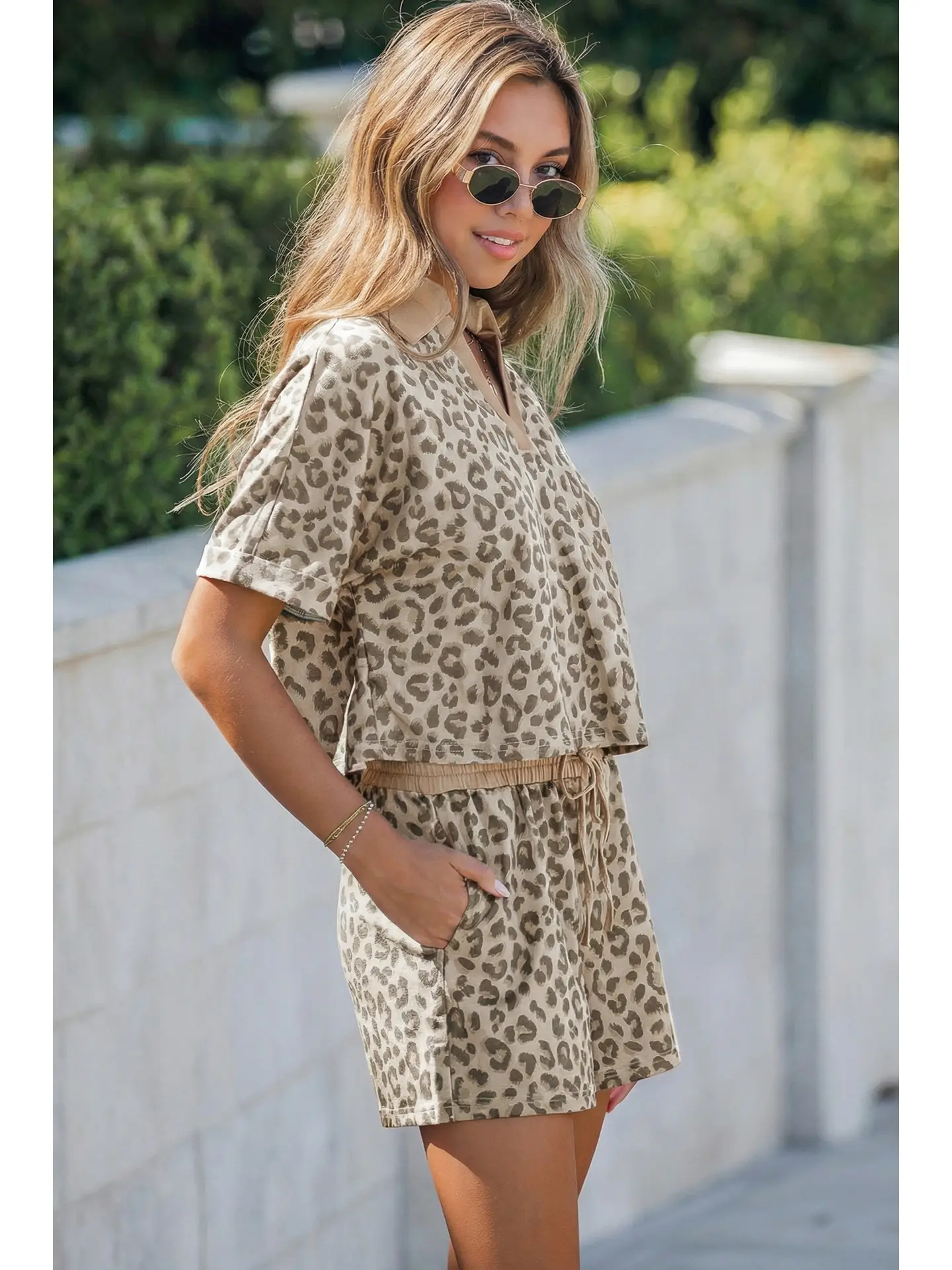 V Neck Collar Leopard Printed 2pcs Short Set