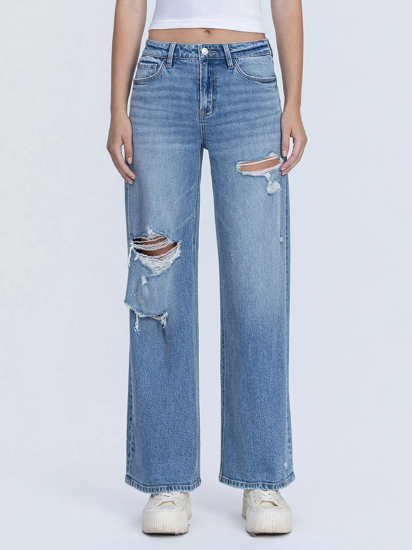 VERVET High Rise Medium Wash Distressed Wide Leg Jeans