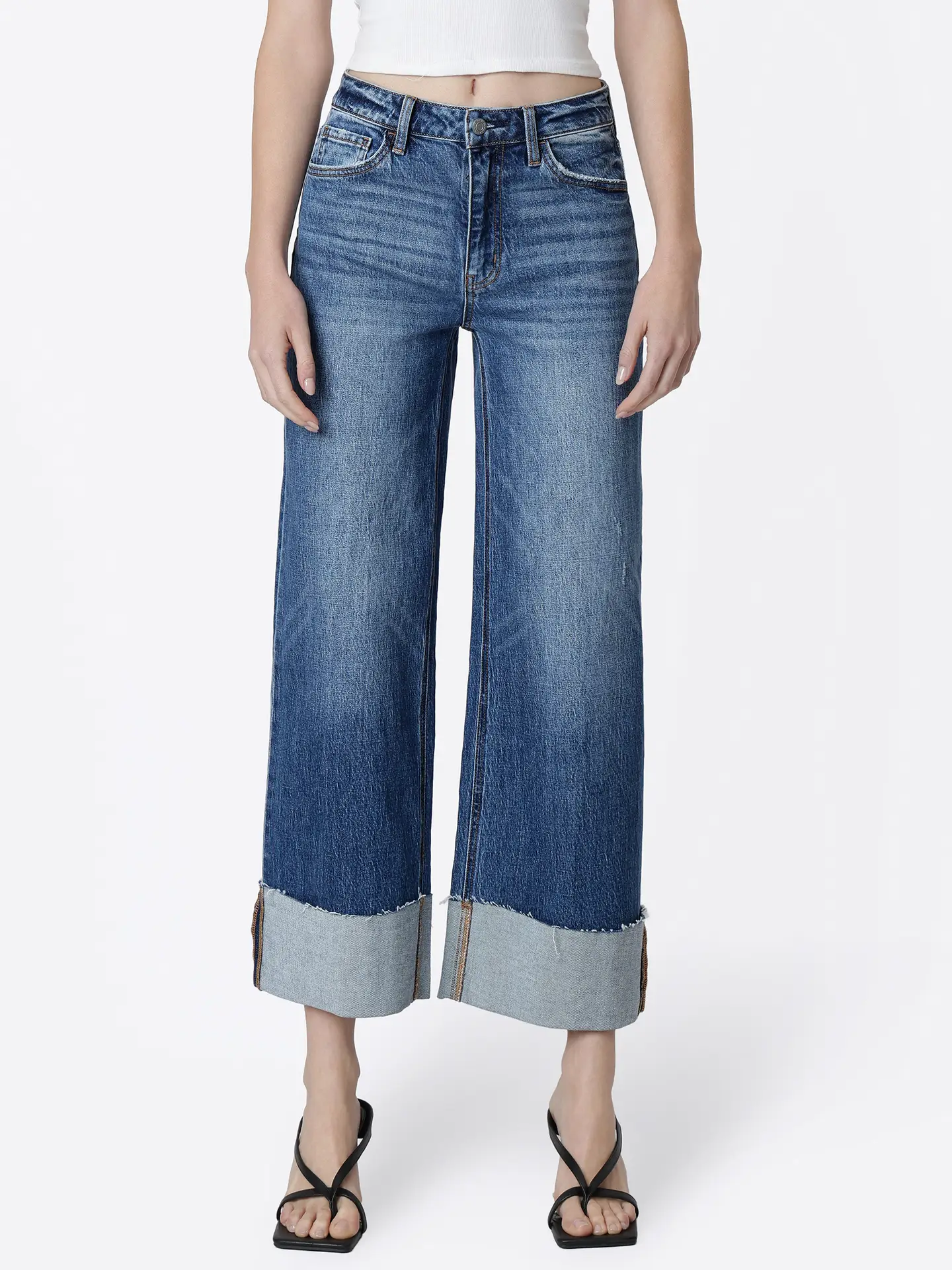 VERVET High Rise Medium Dark Wash Cuffed Ankle Wide Jeans