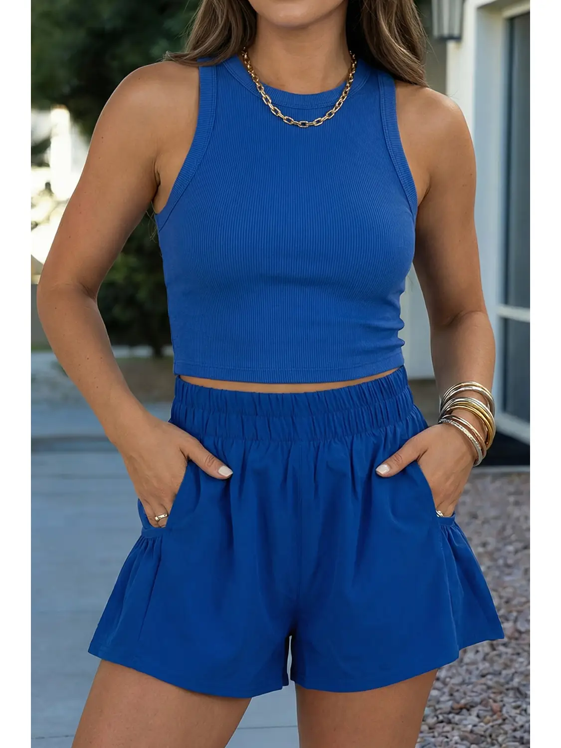 Ribbed Slim Tank Pocketed Wide Leg Short