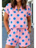 Polka Dot Print V Neck Tee Short Set
