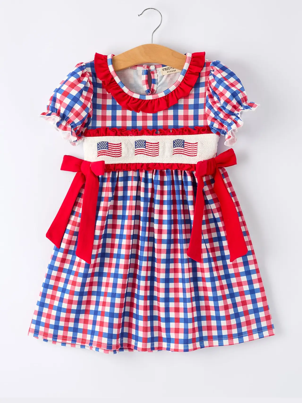 4th of July Plaid Flag Girl Dress with Bow GIRLS
