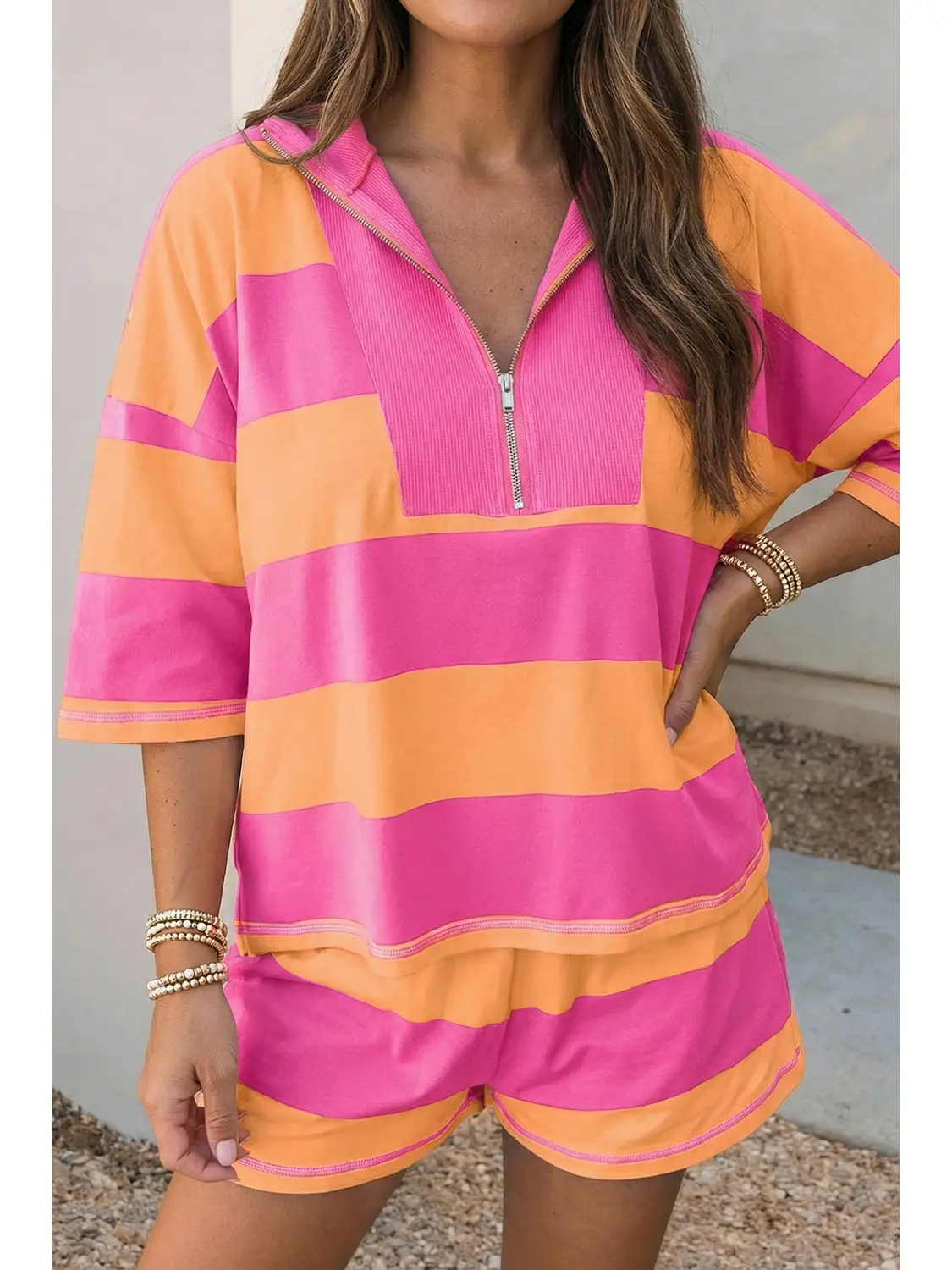 Seam Detail Half Zip Tee Casual Shorts 2pcs Set