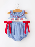Girls 4th of July Plaid Romper Bow Smocked Embroidery GIRLS