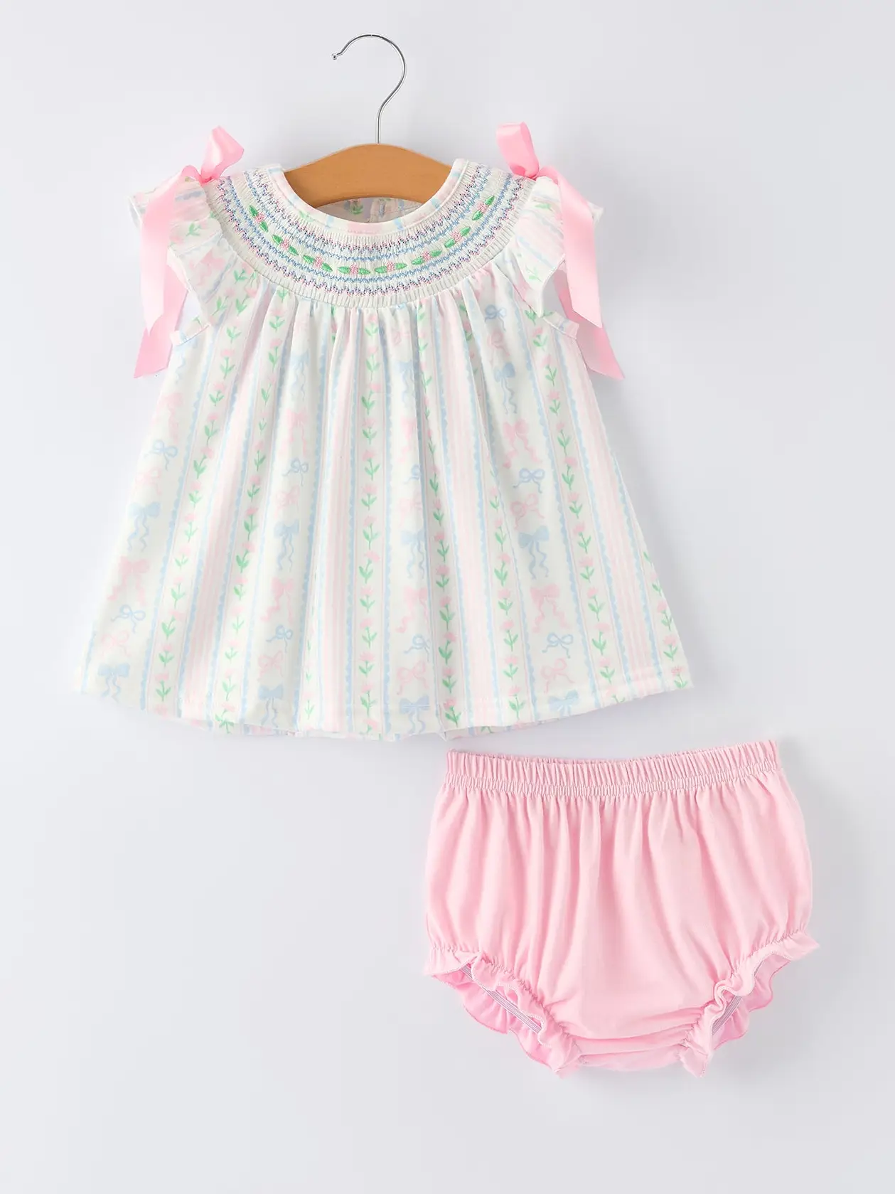 Girl Bow Stripe Smocked Baby Girls Bloomer Set