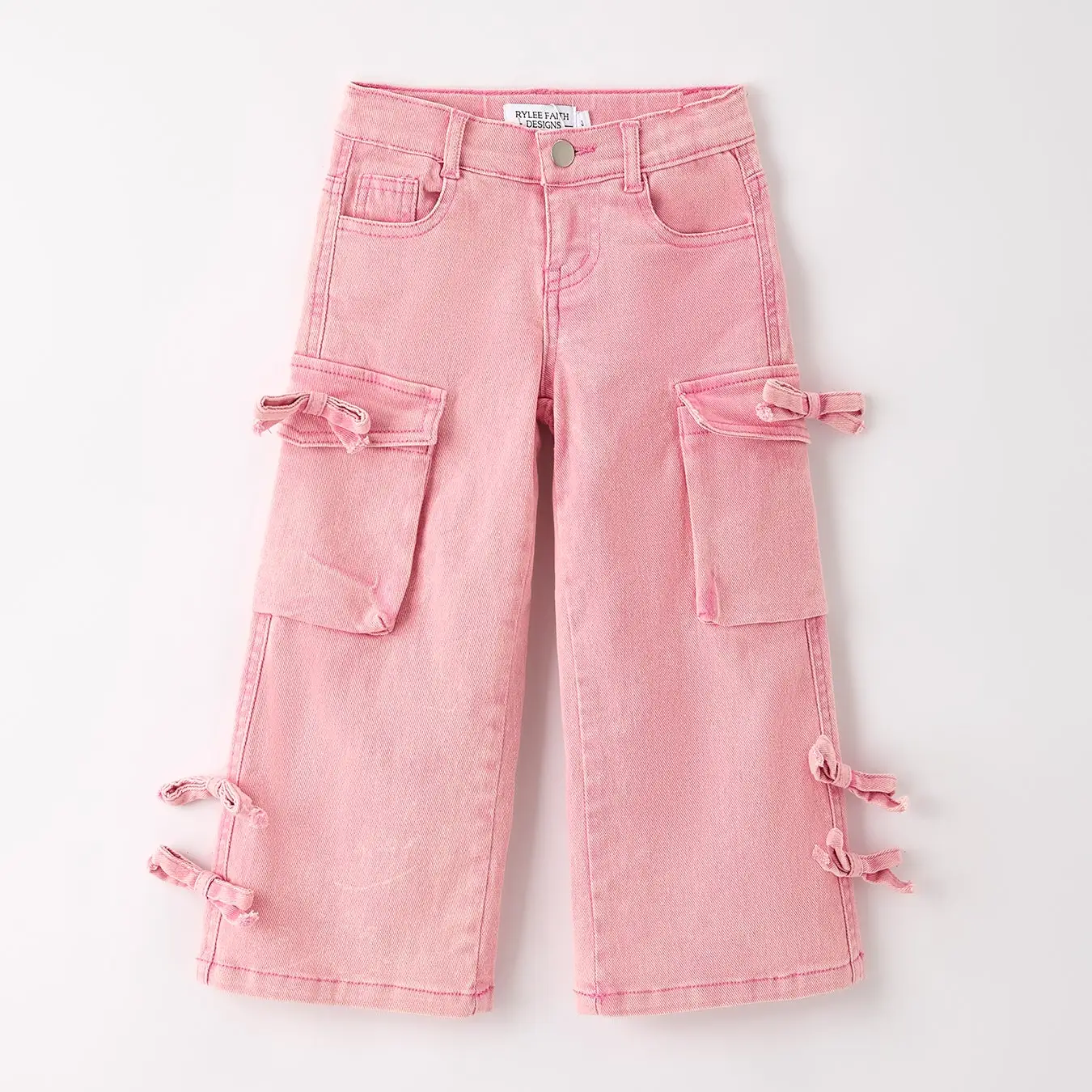 Girls Pink Wide-Leg Denim Pants with Pockets