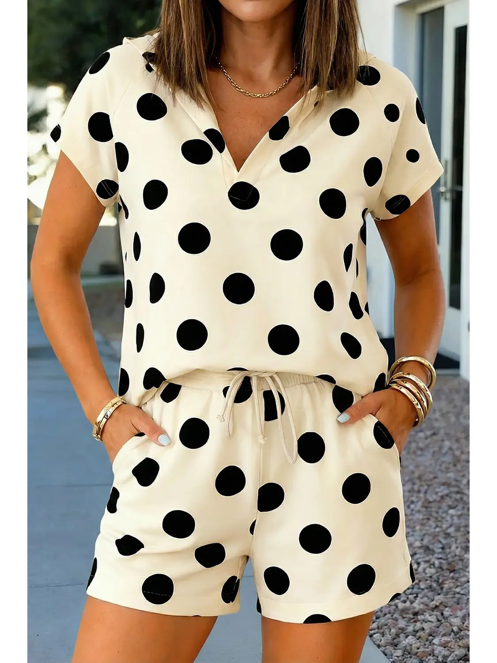 Polka Dot Print V Neck Tee Short Set