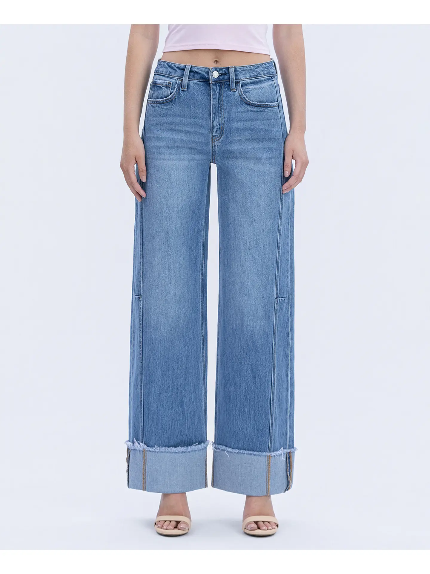 VERVET High Rise Medium Wash Cuffed Wide Jeans