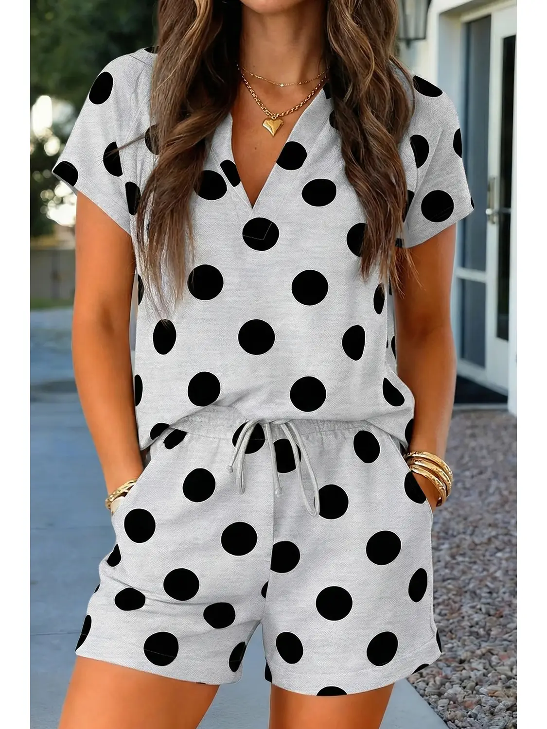 Polka Dot Print V Neck Tee Short Set