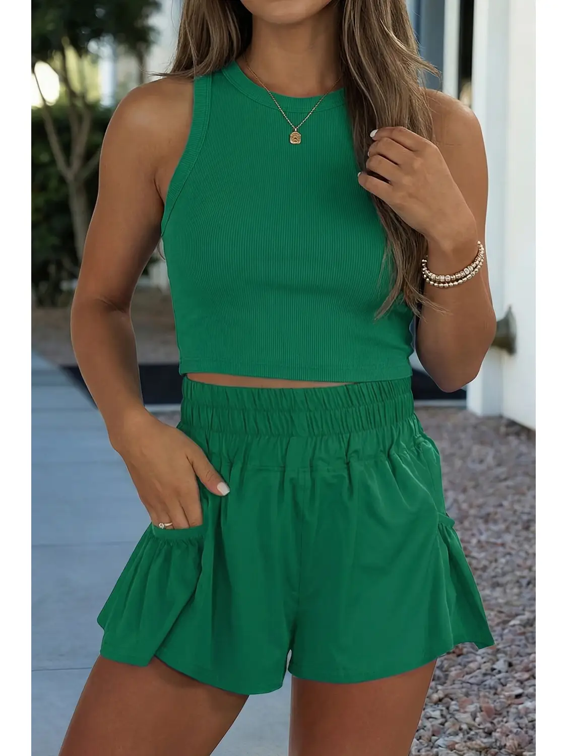 Ribbed Slim Tank Pocketed Wide Leg Short