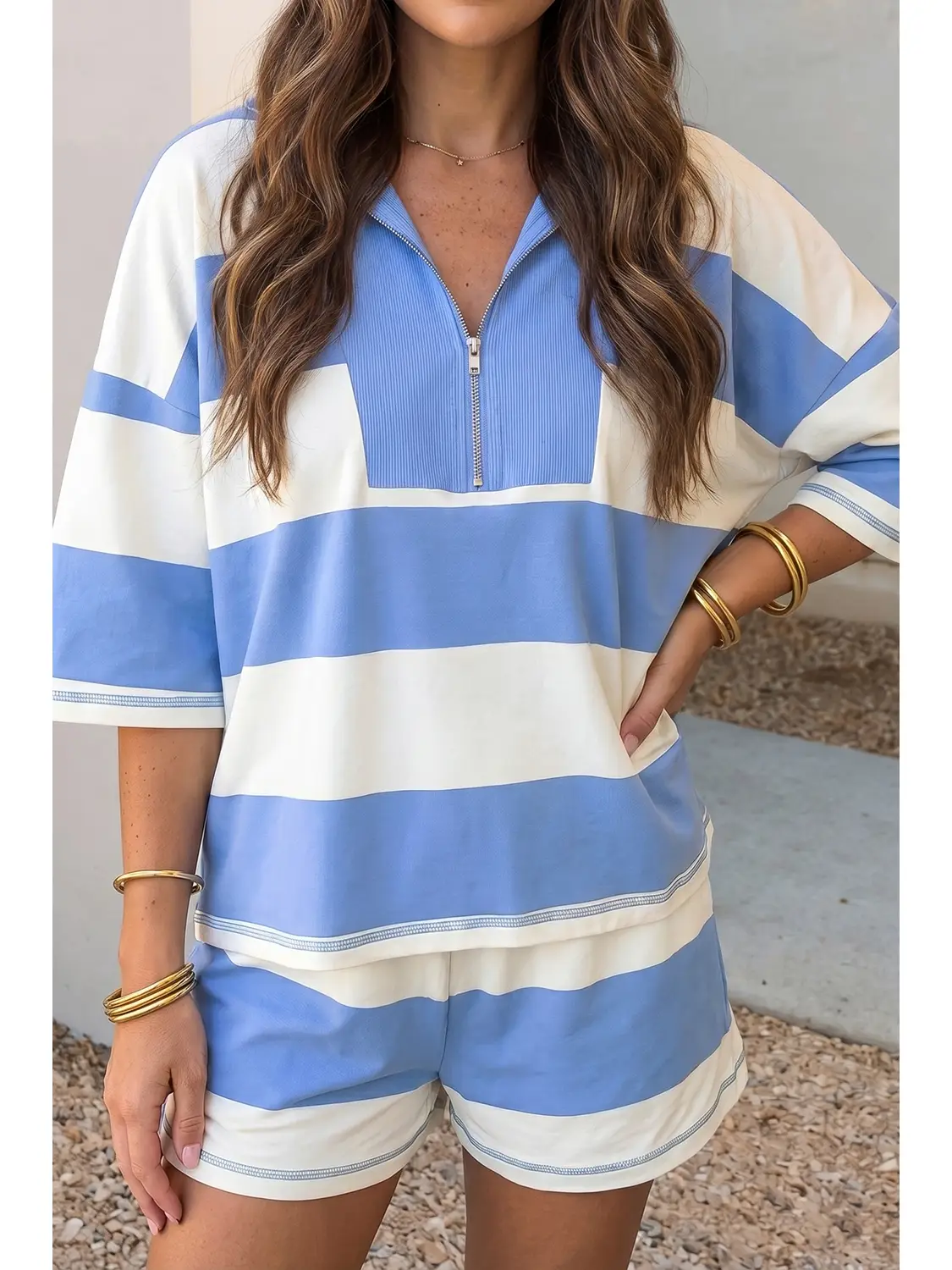 Seam Detail Half Zip Tee Casual Shorts 2pcs Set